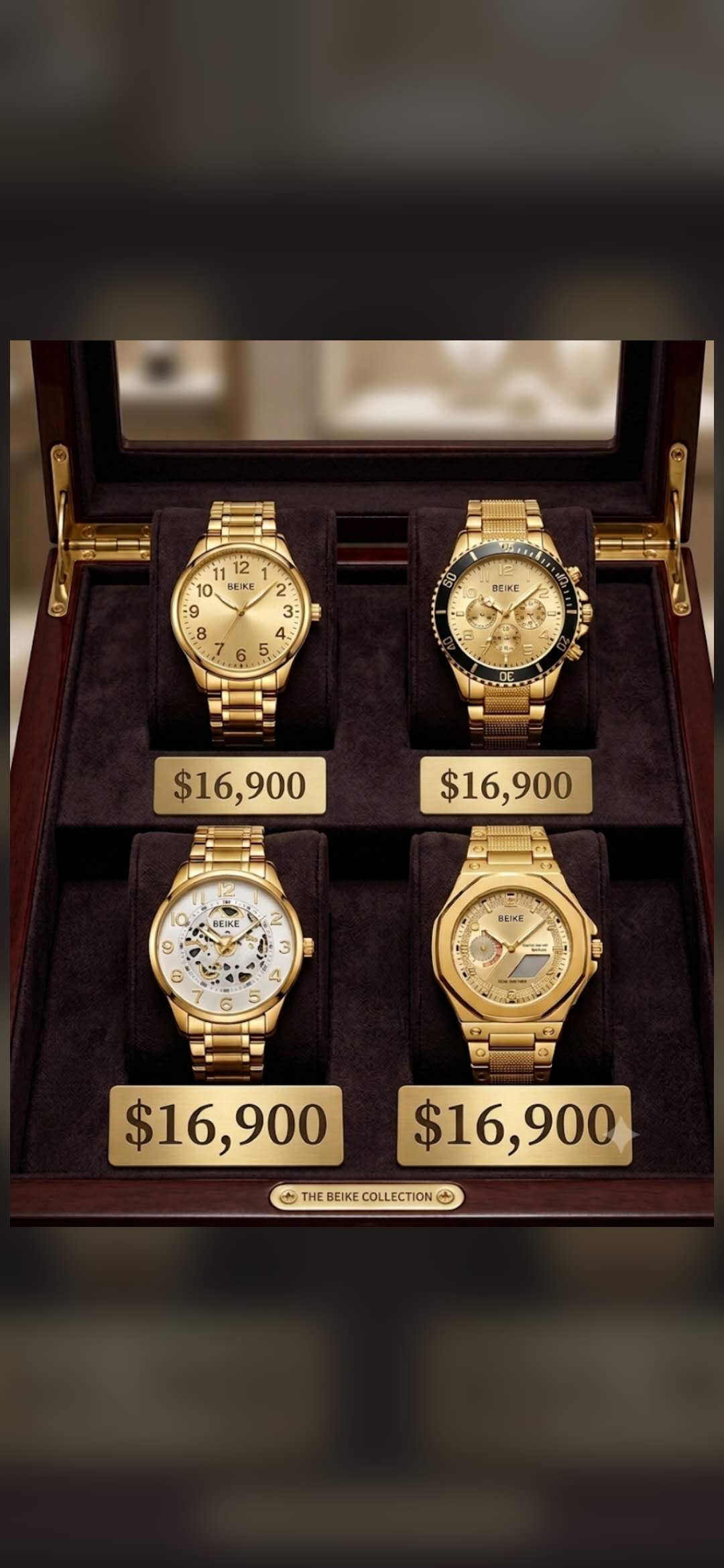 Cuatro relojes dorados para hombre, a 16.900 cada uno.