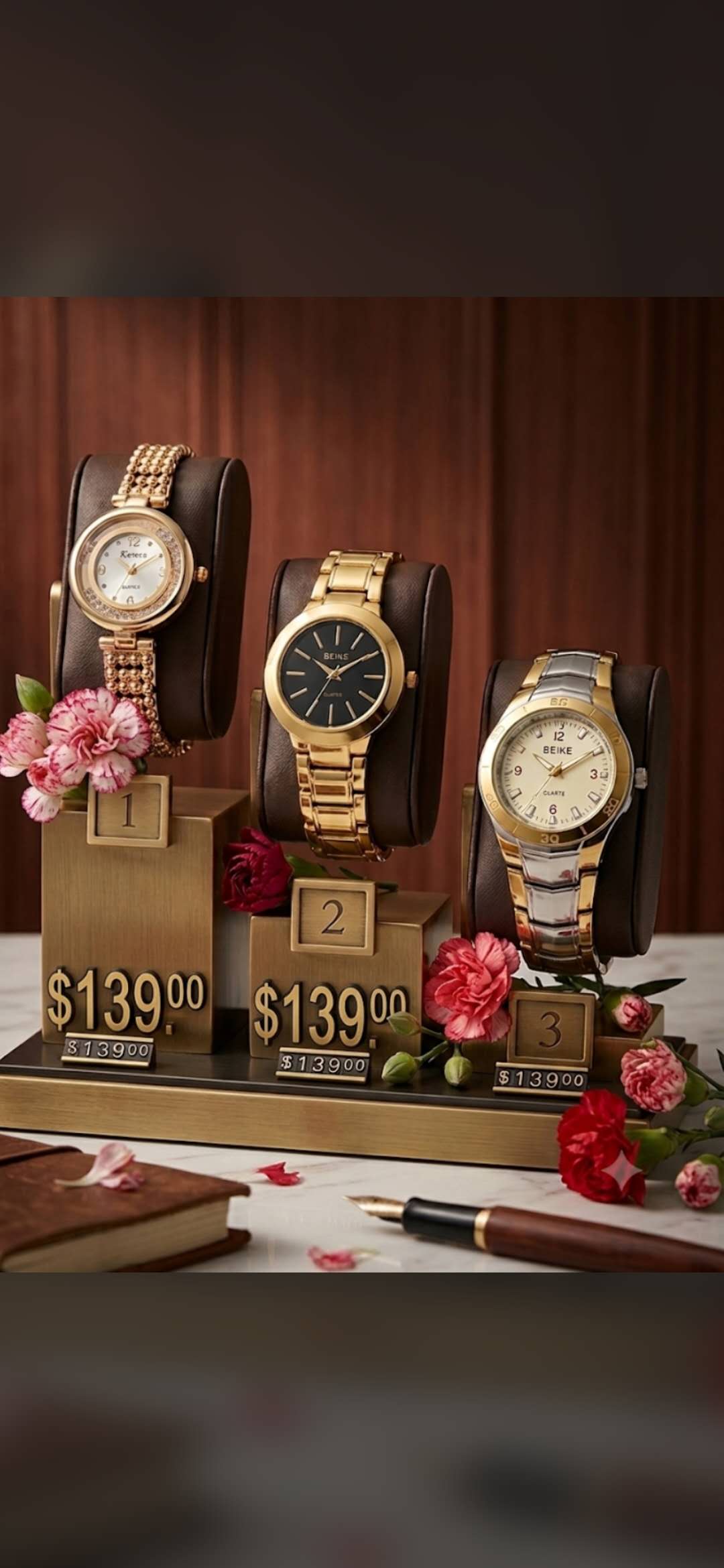 Tres relojes para mujer con pulsera metálica, a 13.900 cada uno.