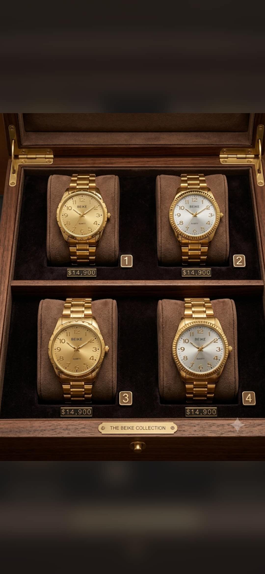 Cuatro relojes dorados clásicos para hombre, a 14.900 cada uno.