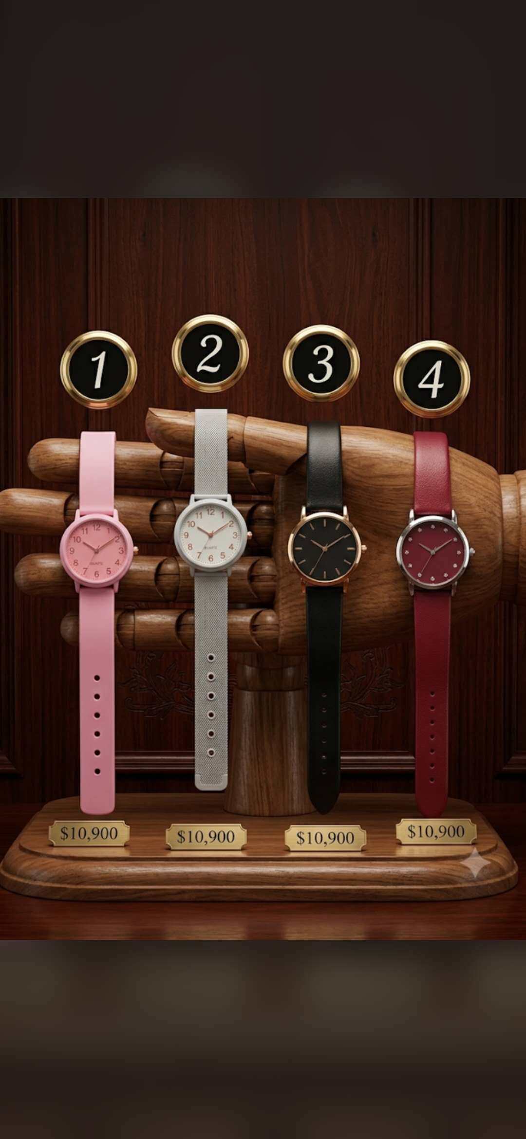 Cuatro relojes coloridos para niños, a 10.900 cada uno.