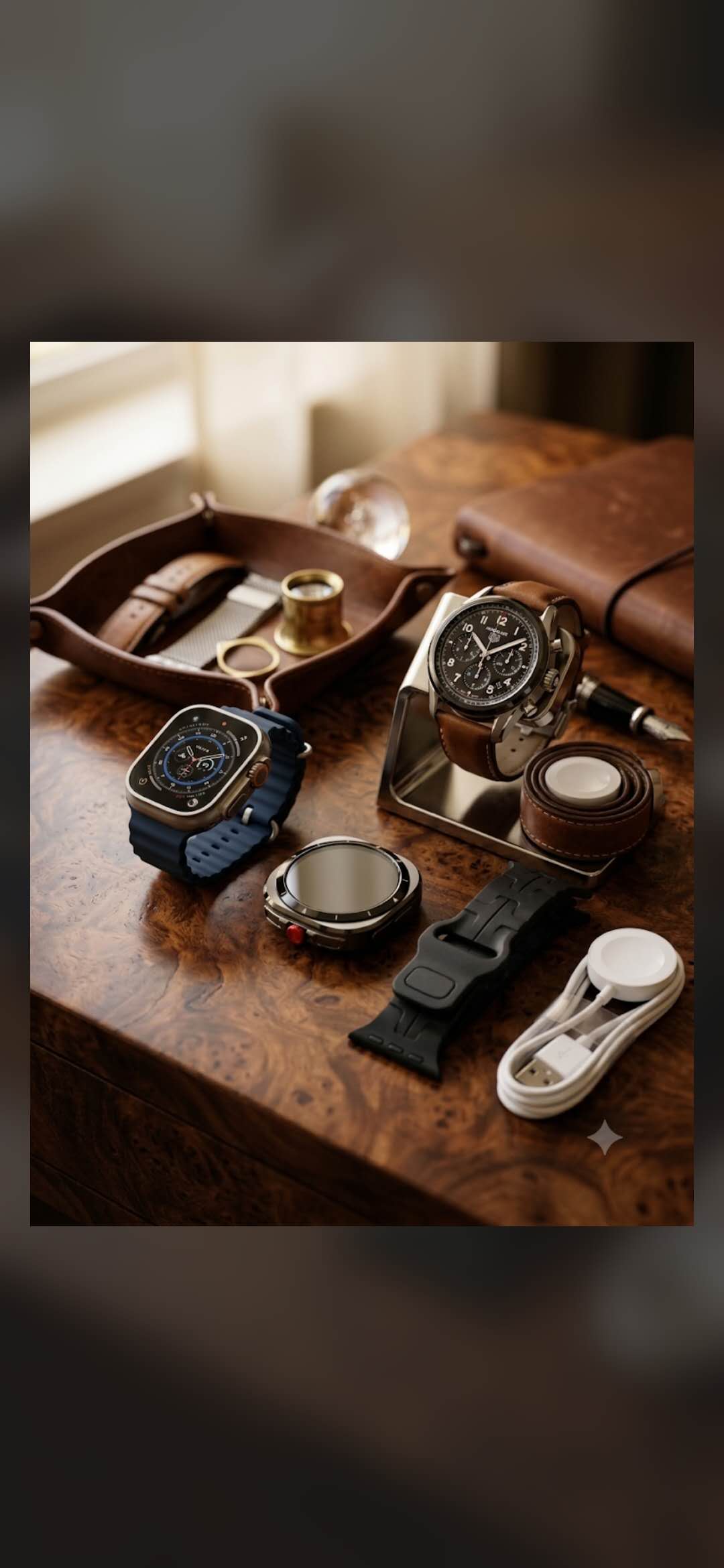 A curated display of watches and leather accessories.
